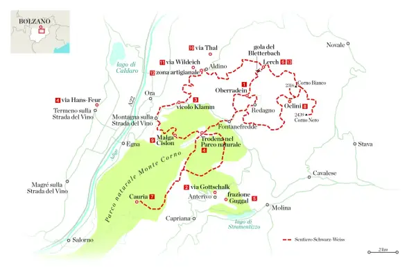 Mappa escursionistica del Parco Naturale Monte Corno, con sentieri rossi tratteggiati e luoghi come Corno Bianco e Corno Nero.
