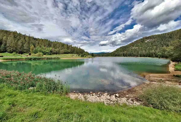 Il lago di Tavon, circondato da boschi verdi, riflette un cielo nuvoloso.