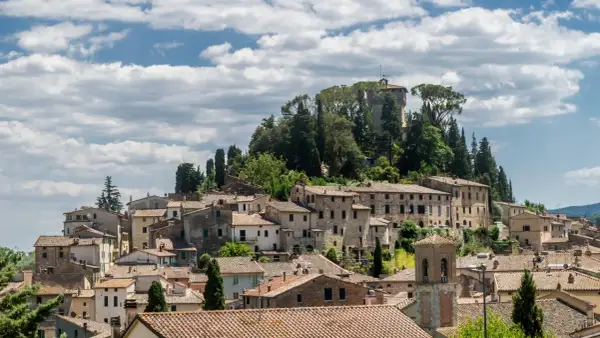 Panoramica di Cetona, borgo toscano con case in pietra e torri, un luogo incantevole da esplorare.