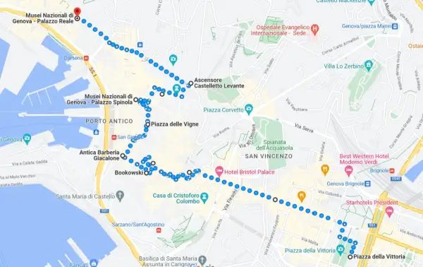 Percorso a piedi tra i principali luoghi da visitare a Genova: Musei Nazionali, Porto Antico, Piazza delle Vigne, Casa di Colombo, Piazza della Vittoria.