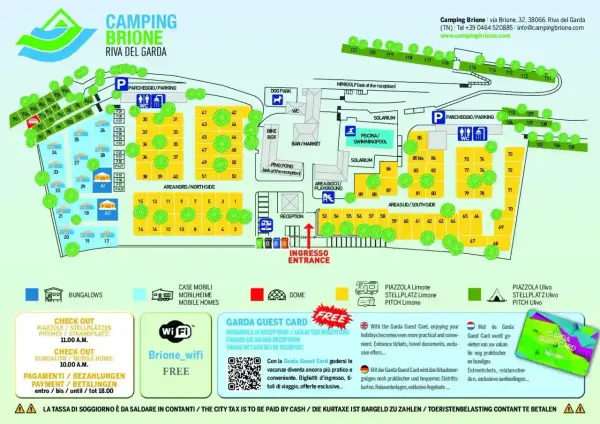 Mappa del camping Brione a Riva del Garda, con aree per tende, camper, bungalow, piscina, reception e servizi.