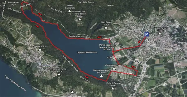 Percorso del giro del lago di Levico, con sentieri, borghi e punti panoramici.